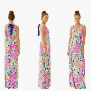 Lilly Pulitzer Amanda Maxi Dress Besame Mucho Print Halter Faux Wrap Size XL